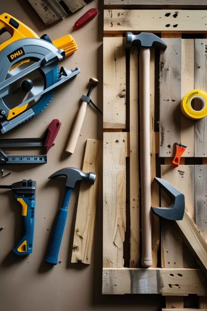 DIY pallet coffee table tools and materials layout