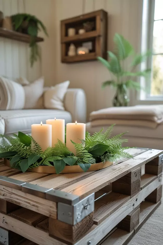 Finished DIY pallet coffee table staged in a stylish small-space living room