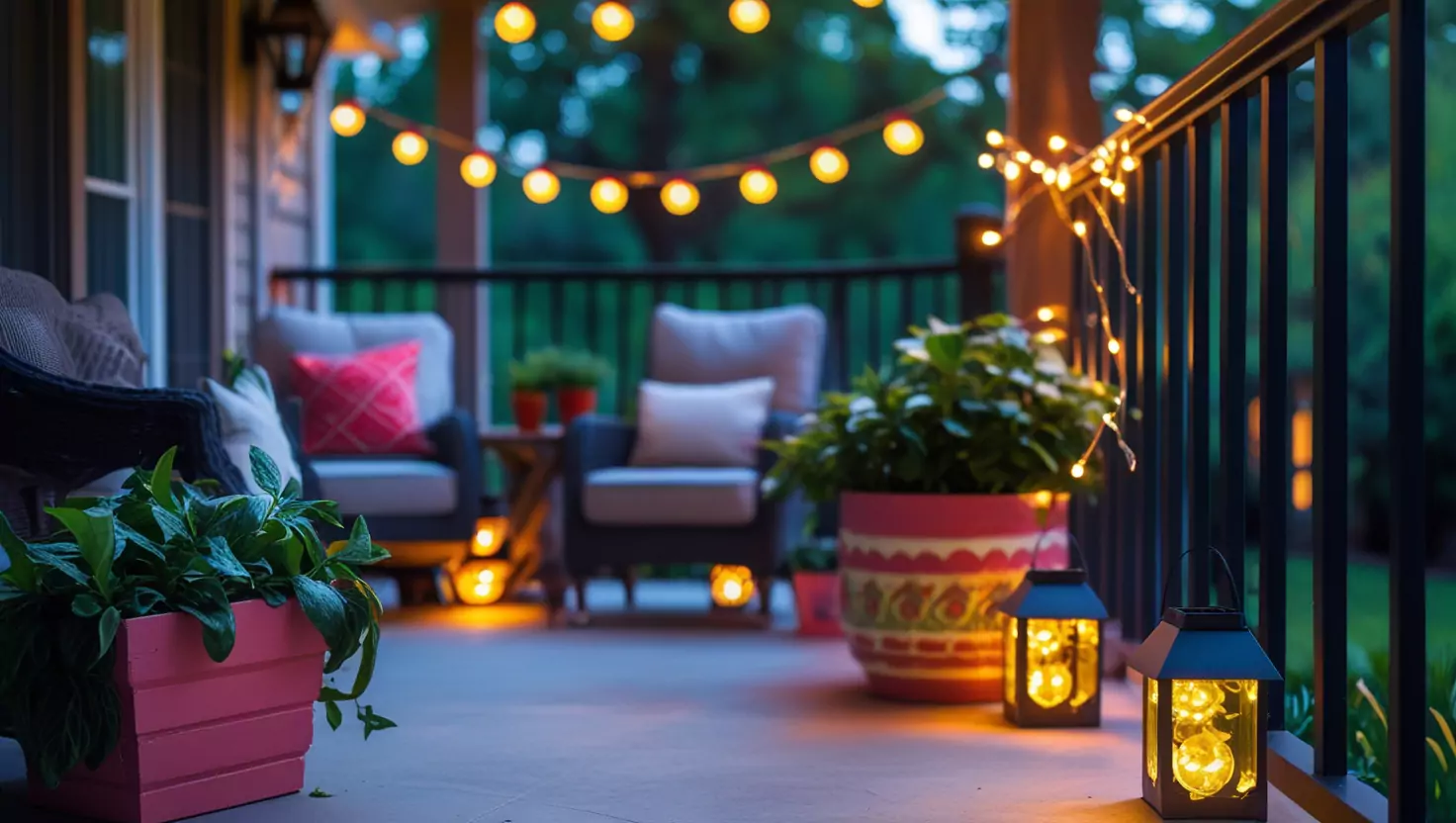 Cozy outdoor patio with Dollar Tree DIY decor, including painted planters, solar lanterns, and fairy lights for a budget-friendly makeover.
