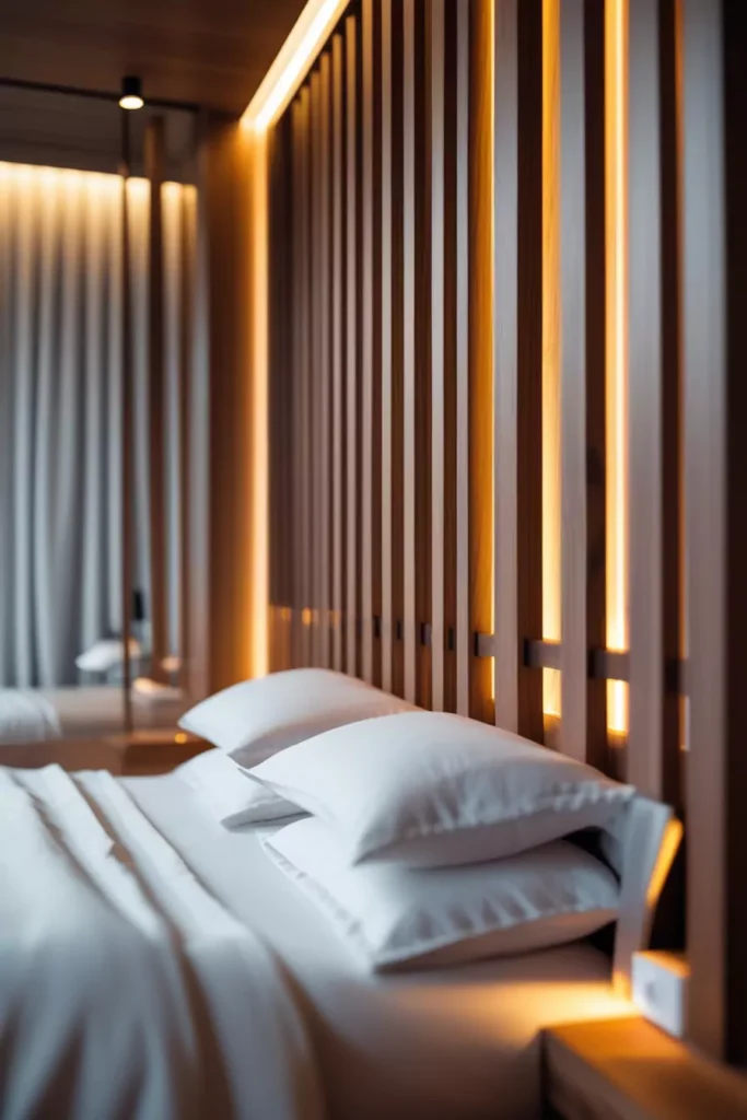 Modern wooden headboard with vertical slats and LED lights