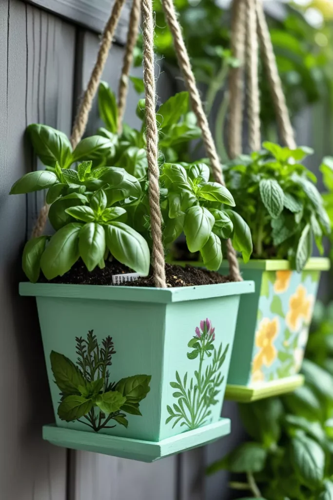 DIY hanging herb garden using Dollar Tree planters, adding fresh herbs and a pop of green to your outdoor space.