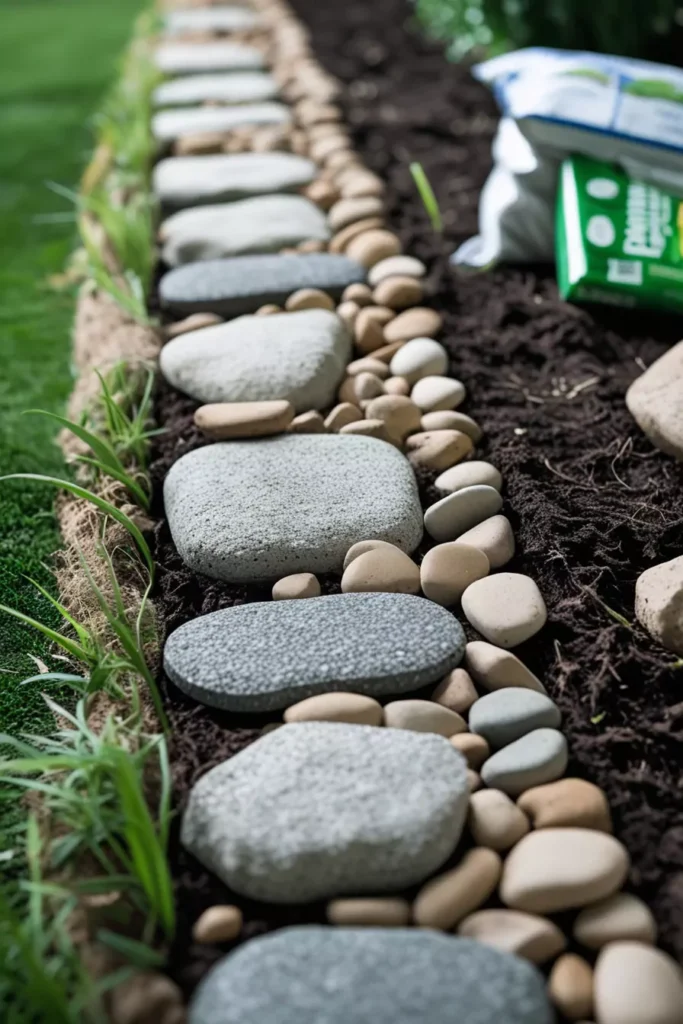 DIY stone pathway made with Dollar Tree decorative stones and garden fabric, adding charm to your outdoor space.