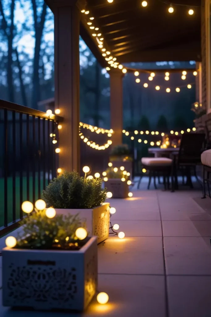 Outdoor patio decorated with Dollar Tree fairy lights, creating a cozy and inviting atmosphere for evening relaxation.